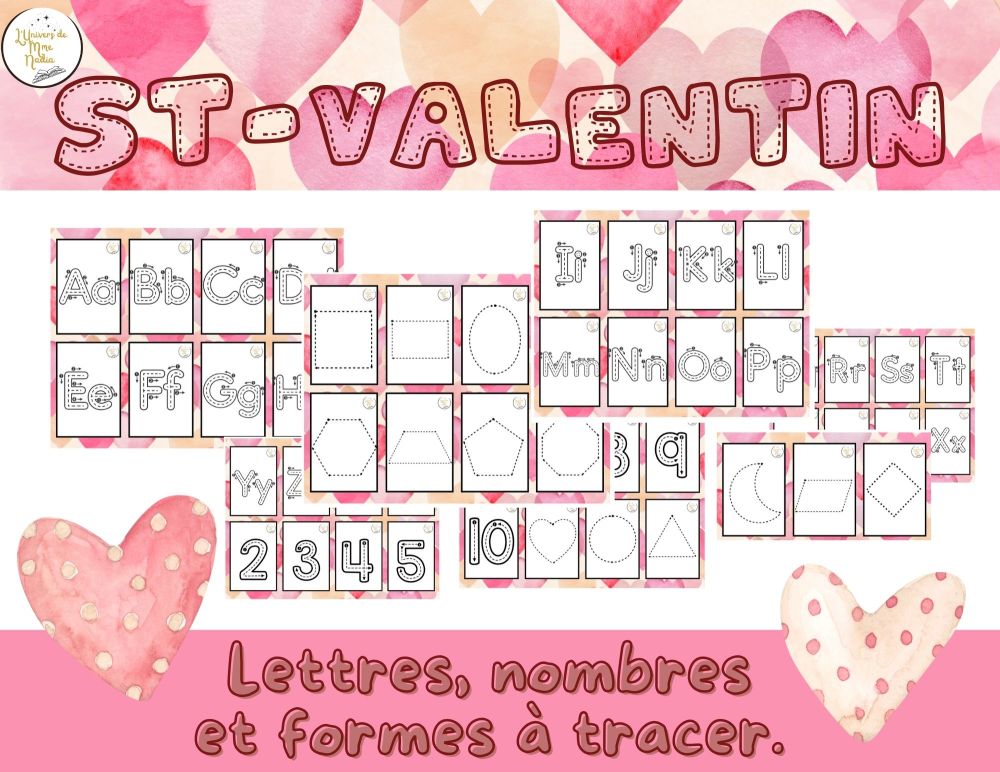 Lettres, nombres et formes à tracer - Saint-Valentin